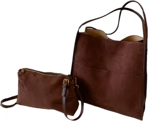 2024 Fall Women Suede PU Leather Tote Bag Large Capacity Shoulder Bag Vintage Bucket Bag with Pouch for Work Daily Use