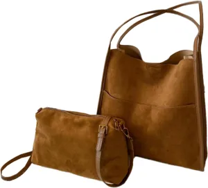2024 Fall Women Suede PU Leather Tote Bag Large Capacity Shoulder Bag Vintage Bucket Bag with Pouch for Work Daily Use