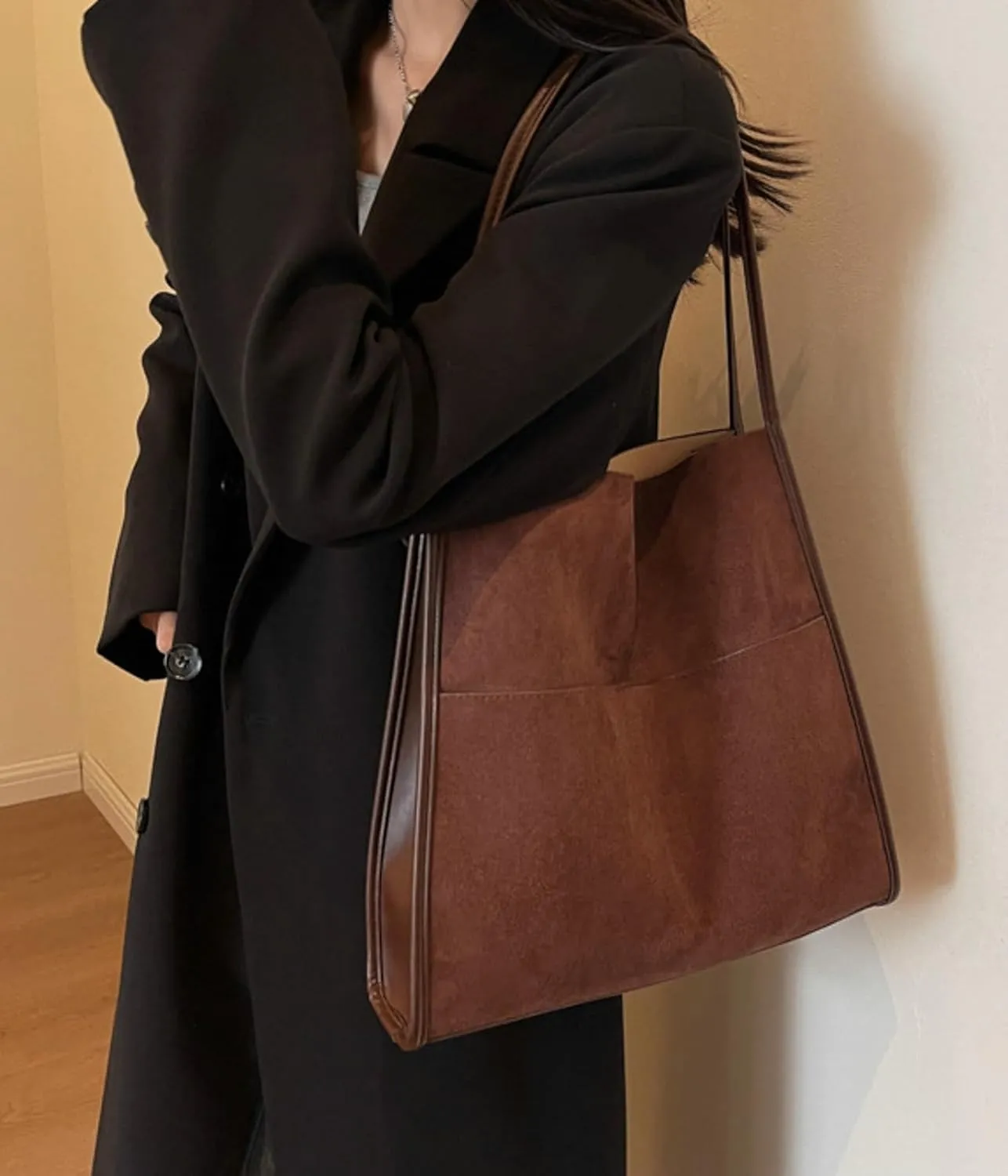 2024 Fall Women Suede PU Leather Tote Bag Large Capacity Shoulder Bag Vintage Bucket Bag with Pouch for Work Daily Use