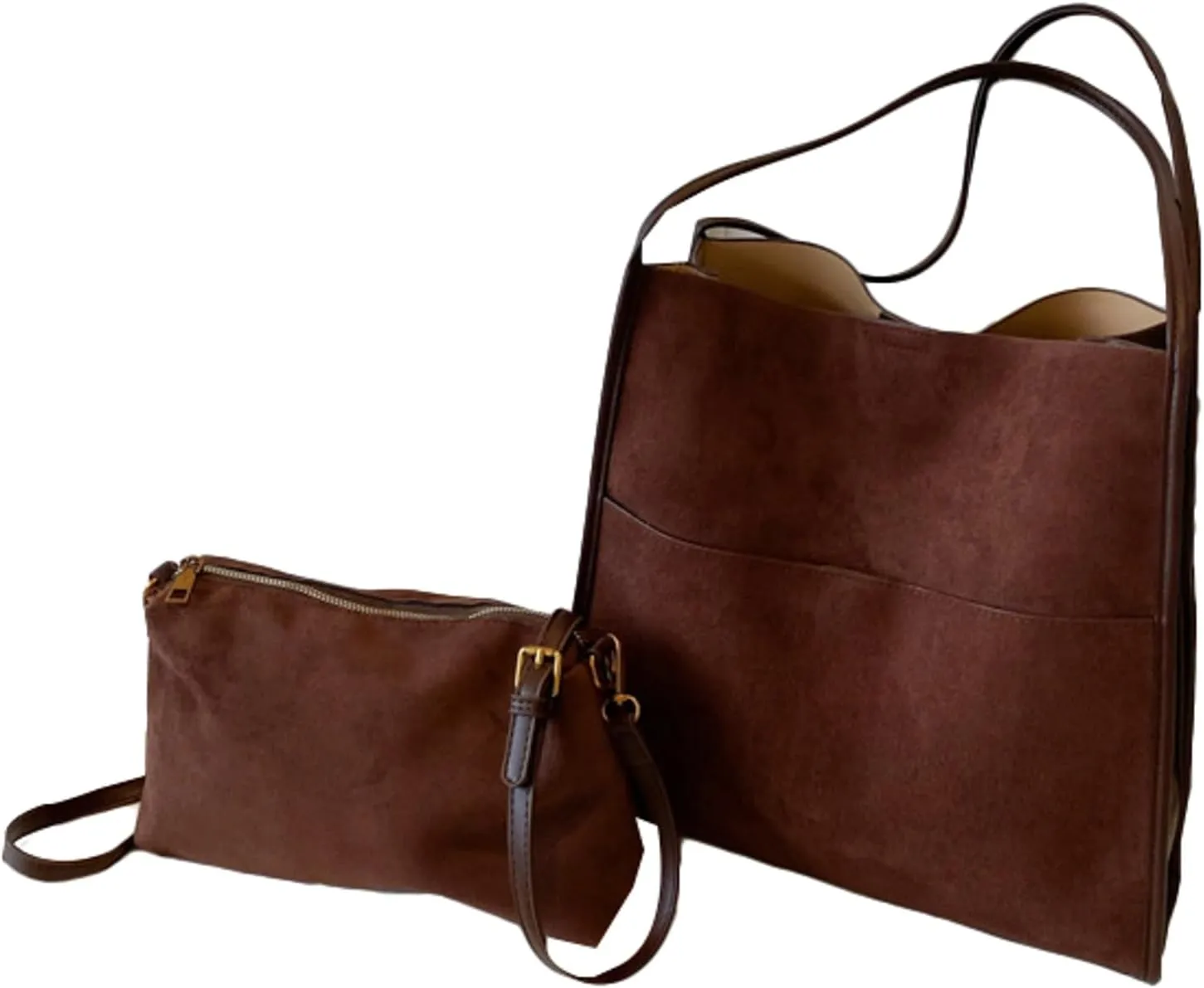 2024 Fall Women Suede PU Leather Tote Bag Large Capacity Shoulder Bag Vintage Bucket Bag with Pouch for Work Daily Use