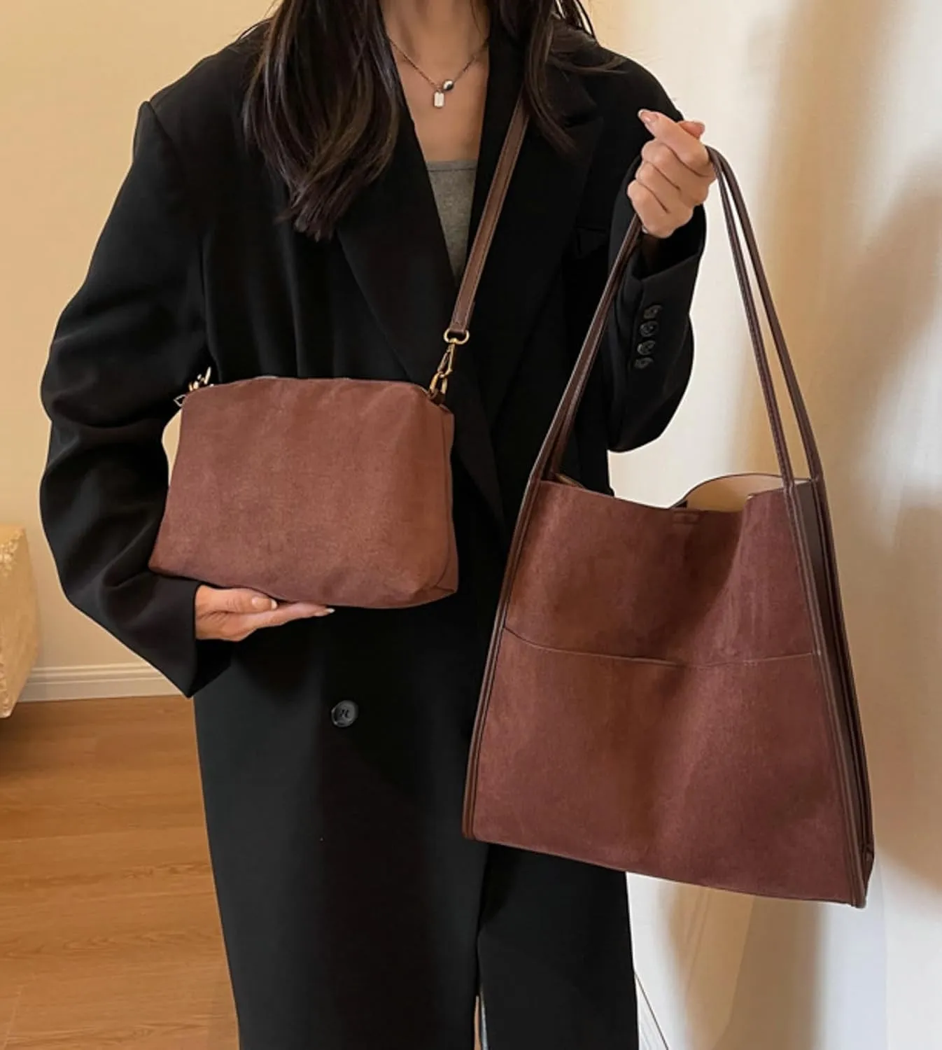 2024 Fall Women Suede PU Leather Tote Bag Large Capacity Shoulder Bag Vintage Bucket Bag with Pouch for Work Daily Use