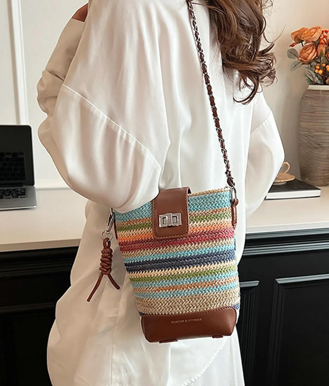 2025 Summer Straw Woven Chain Crossbody Bucket Bag PU Tote Shoulder Handbag Travel Daily Use