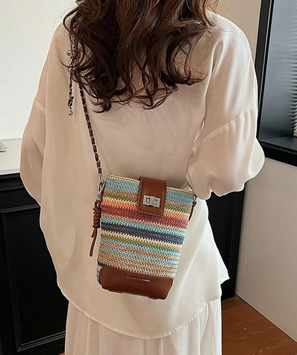 2025 Summer Straw Woven Chain Crossbody Bucket Bag PU Tote Shoulder Handbag Travel Daily Use
