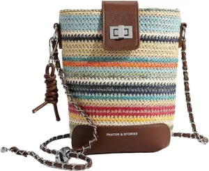 2025 Summer Straw Woven Chain Crossbody Bucket Bag PU Tote Shoulder Handbag Travel Daily Use