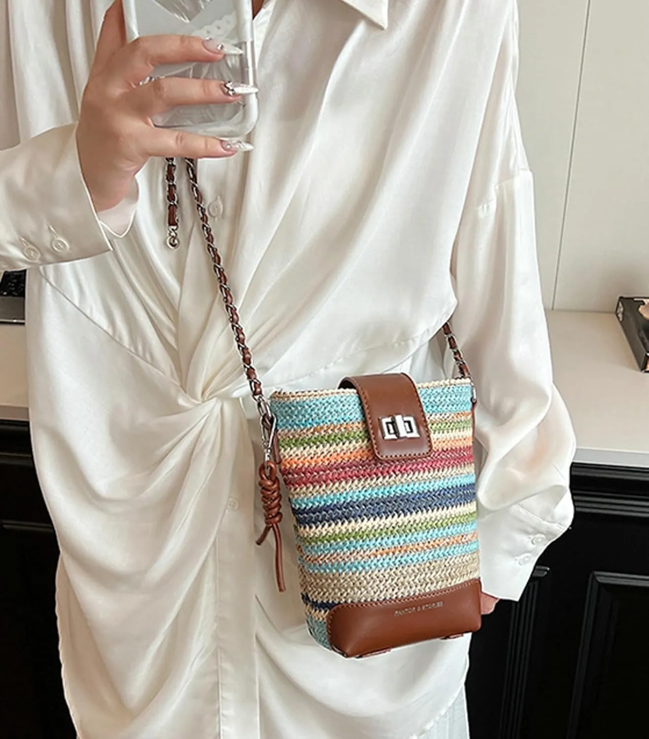 2025 Summer Straw Woven Chain Crossbody Bucket Bag PU Tote Shoulder Handbag Travel Daily Use