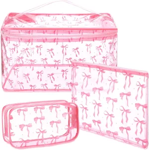 3 Pcs Coquette Pink Bow Makeup Bag Set Pink Bow Quilted Travel Cosmetic Bag Cute Preppy Waterproof Portable Travel Storage Organizer Clear Makeup Pouch Toiletry Pouch for Women Girls Back to School
