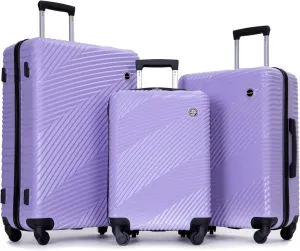 3-Piece Lightweight PC ABS Luggage Set with Spinner Wheels & Two Hooks - 20/24/28 Inch Suitcases for Travel (Light Purple)