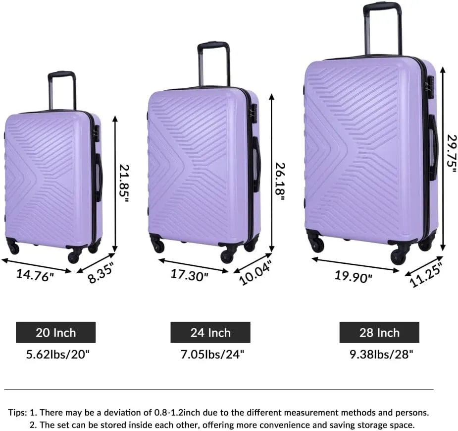 3-Piece Luggage Set (20/24/28 Inch) - ABS Lightweight Hard Shell Suitcases with Spinner Wheels, Lock & 2 Hooks - Carry-On & Checked Luggage for Travel (Light Purple   ABS)