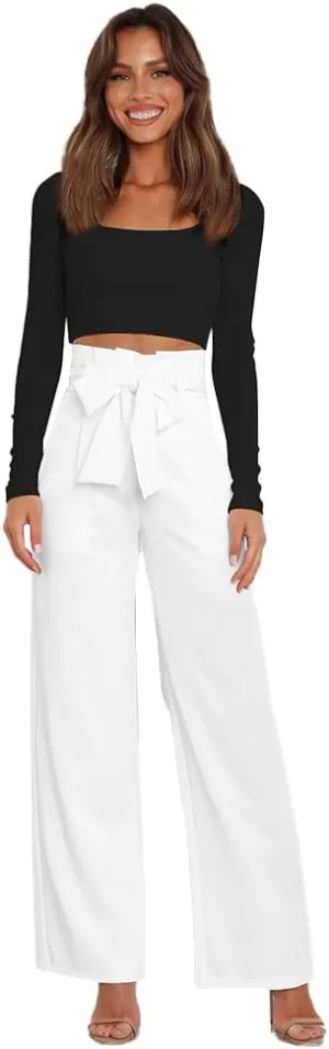 ABAFIP Women's High Waist Wide Leg Pants Business Work Office Casual Flared Palazzo Long Pants Belted Trousers