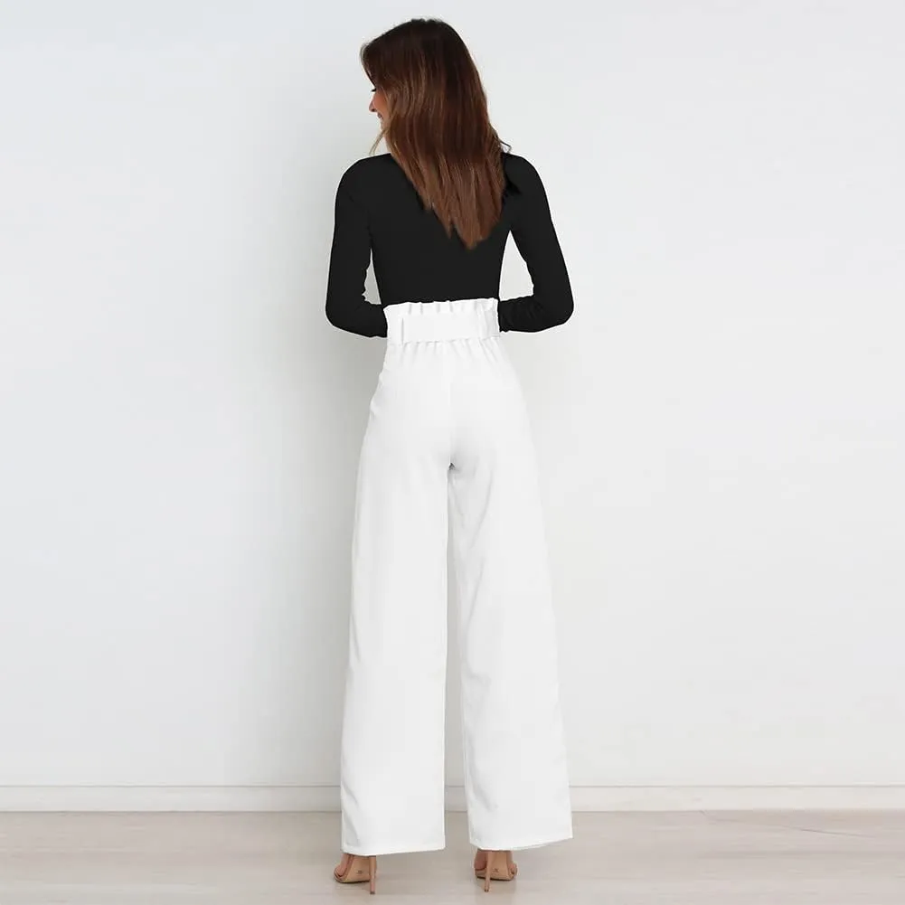 ABAFIP Women's High Waist Wide Leg Pants Business Work Office Casual Flared Palazzo Long Pants Belted Trousers