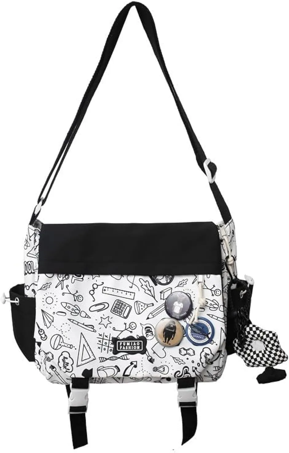 Aesthetic Crossbody Bag with Cute Pins and Ornament, Nylon Shoulder Messenger Bag Japanese Kawaii Bag for Women Men