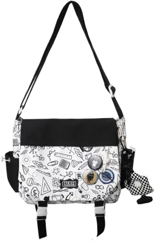 Aesthetic Crossbody Bag with Cute Pins and Ornament, Nylon Shoulder Messenger Bag Japanese Kawaii Bag for Women Men