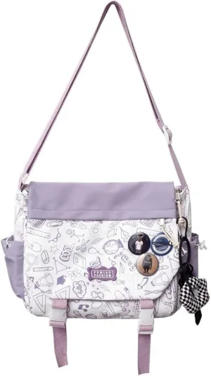 Aesthetic Crossbody Bag with Cute Pins and Ornament, Nylon Shoulder Messenger Bag Japanese Kawaii Bag for Women Men