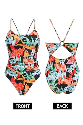 AI'MAGE Women's One Piece Swimsuits Tummy Control Bathing Suits Cutout High Cut Ruched Adjustable Strap Swimwear with O Ring, Yellow Red Floral, M