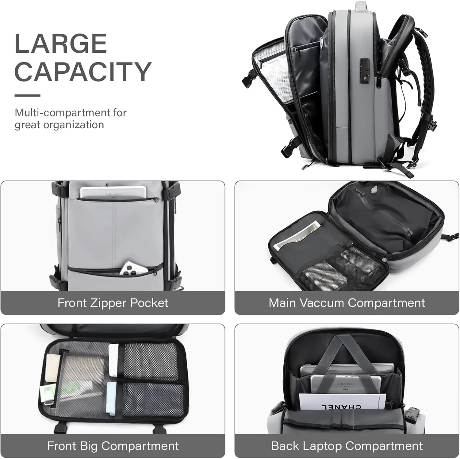 Airback Backpack,60L Expandable Vacuum Backpack Travel with TSA Lock,17.3 inch Laptop Backpack Vacpack Backpack with Vacuum(Grey,Without Air Pump)