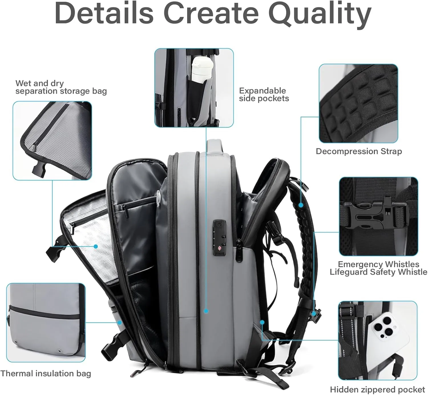 Airback Backpack,60L Expandable Vacuum Backpack Travel with TSA Lock,17.3 inch Laptop Backpack Vacpack Backpack with Vacuum(Grey,Without Air Pump)