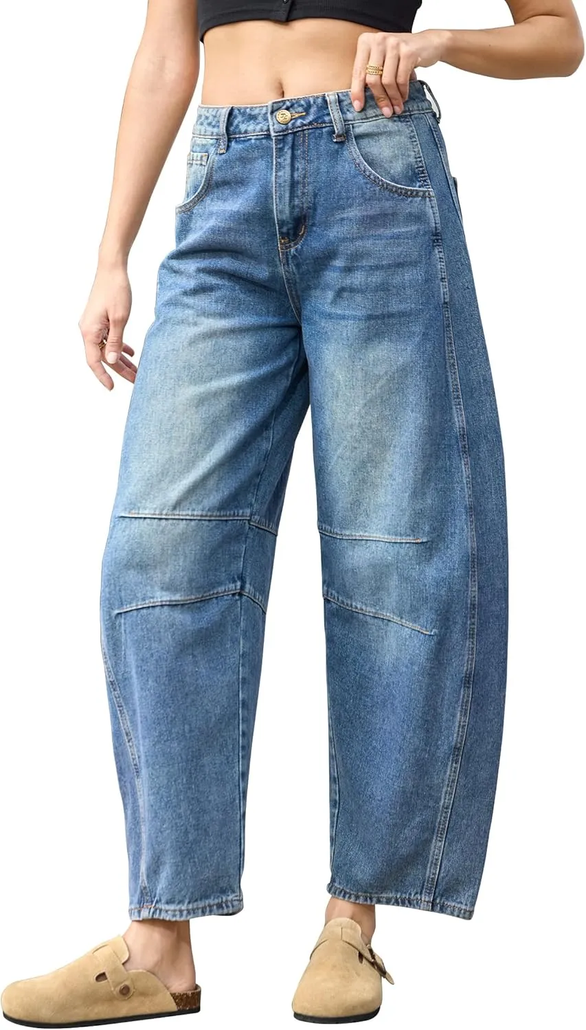 ALLABREVE Barrel Jeans for Women Trendy High Waisted Wide Leg Baggy Boyfriend Jeans (Runs Small, Order One Size Up)