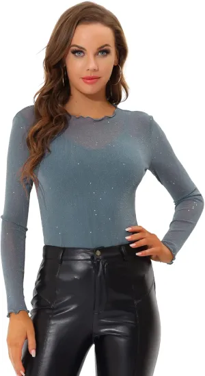 Allegra K Women's Long Sleeve Mesh Tops Spaghetti Strap Camisole Party Christmas Shirt