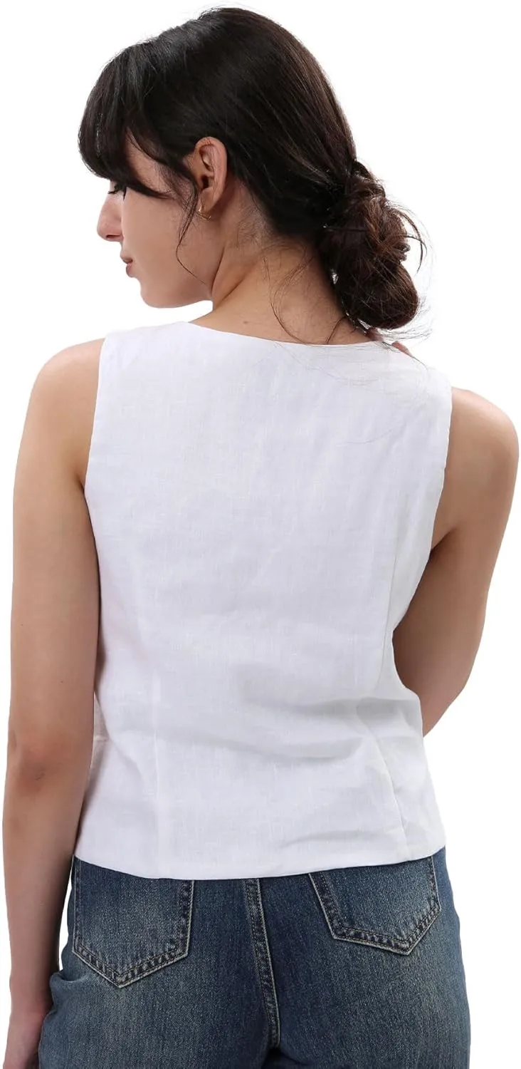 Amazhiyu Women's 100% Linen Tie Front Crop Tops Sleeveless Summer Casual Vest
