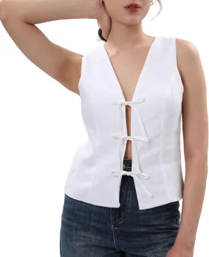 Amazhiyu Women's 100% Linen Tie Front Crop Tops Sleeveless Summer Casual Vest