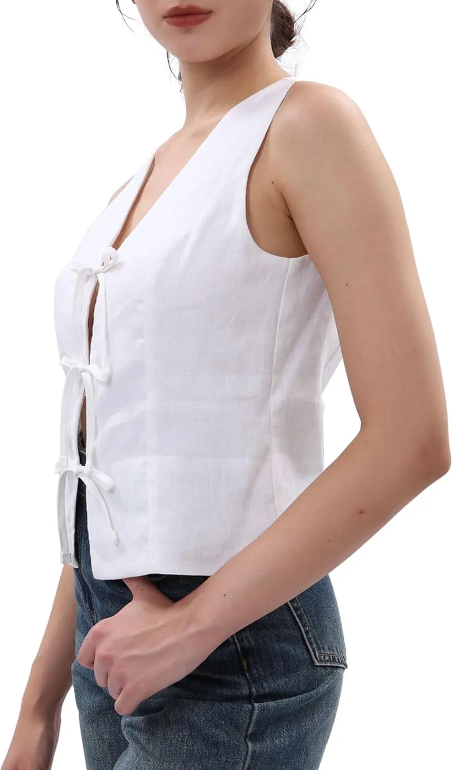 Amazhiyu Women's 100% Linen Tie Front Crop Tops Sleeveless Summer Casual Vest