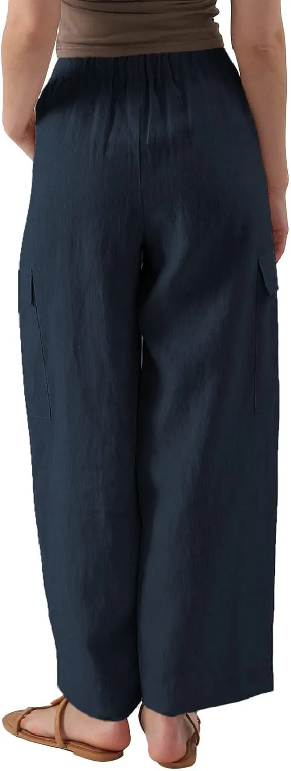 Amazhiyu Womens Pure Linen Wide Leg Cargo Pants Elastic Waist Baggy Jogger with Pockets