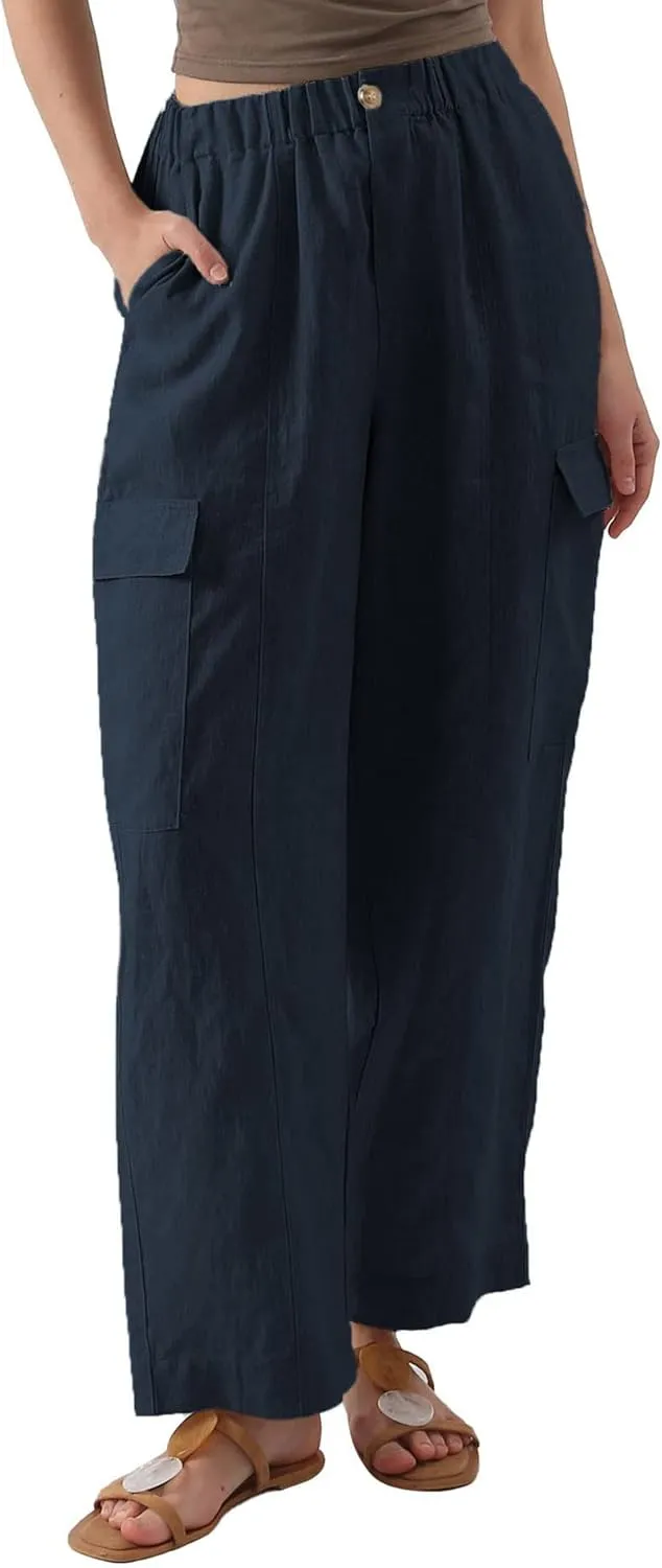 Amazhiyu Womens Pure Linen Wide Leg Cargo Pants Elastic Waist Baggy Jogger with Pockets