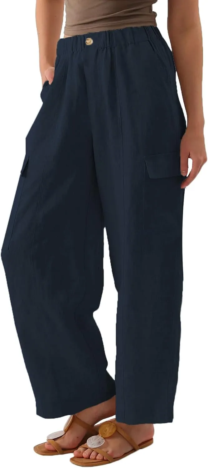 Amazhiyu Womens Pure Linen Wide Leg Cargo Pants Elastic Waist Baggy Jogger with Pockets