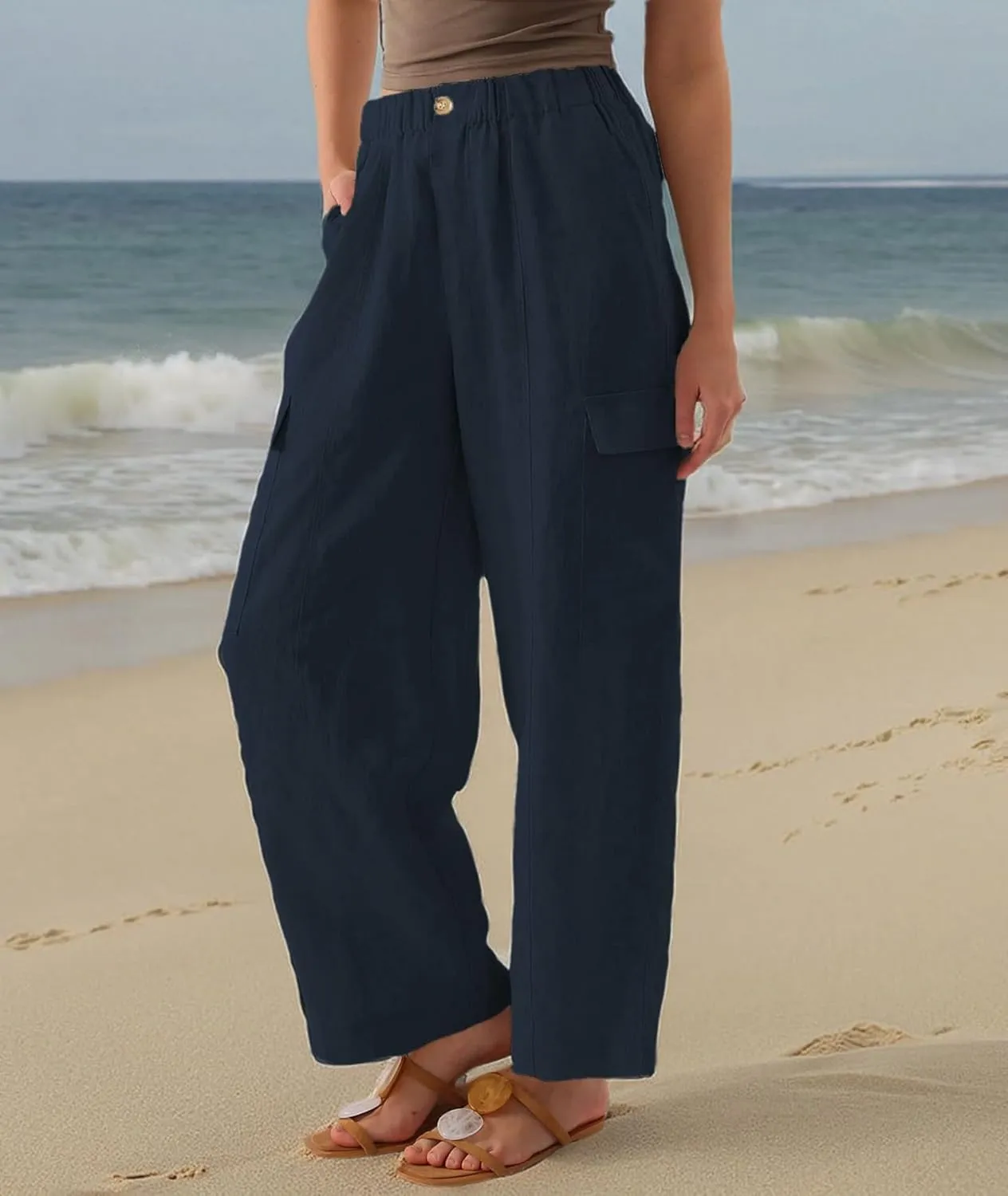 Amazhiyu Womens Pure Linen Wide Leg Cargo Pants Elastic Waist Baggy Jogger with Pockets