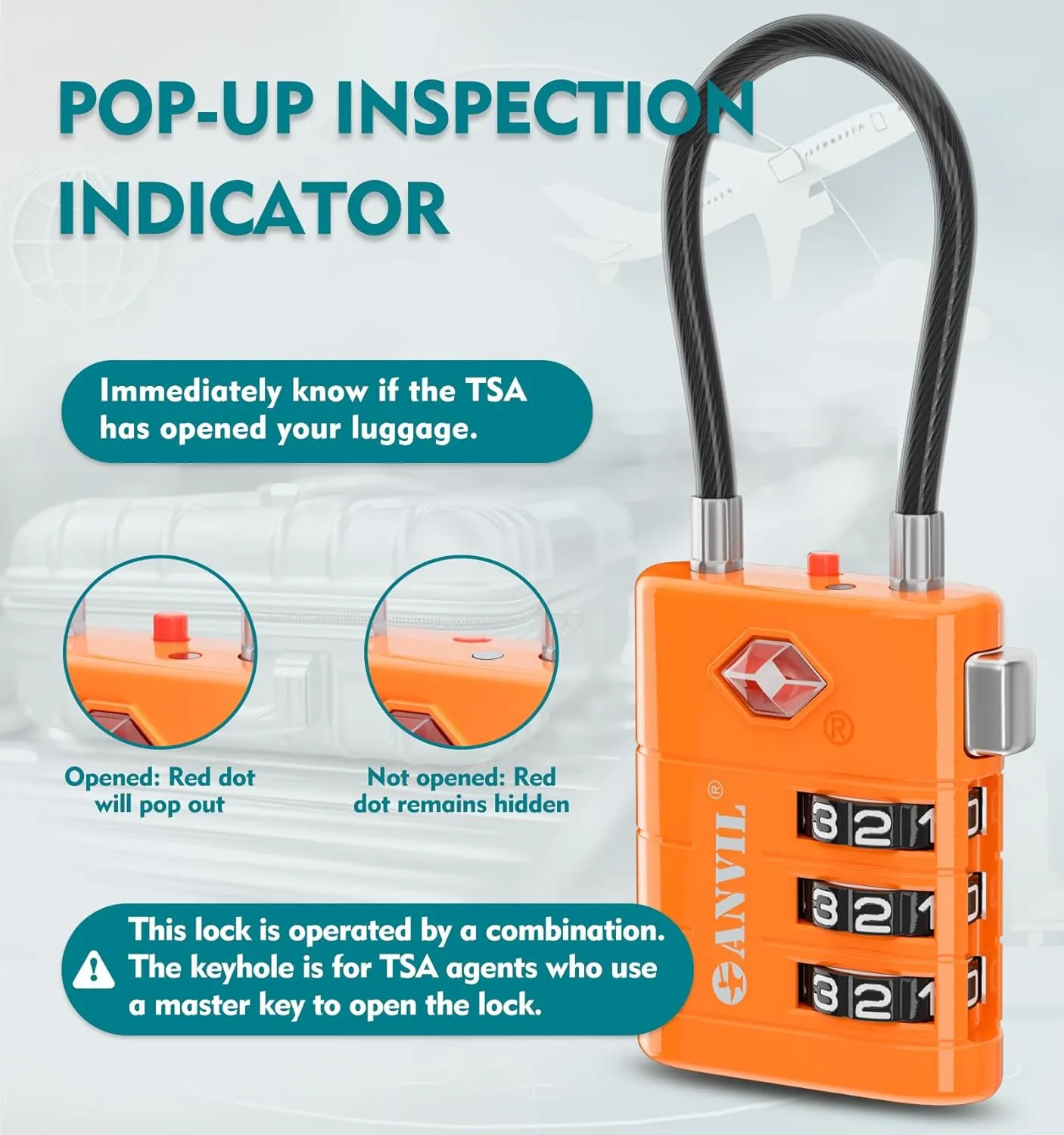 ANVIL Luggage Locks - TSA Approved, Advanced Core, Alert Indicator. Great Suitcase & Backpack Lock for Travel & Daily Use (2, Orange)