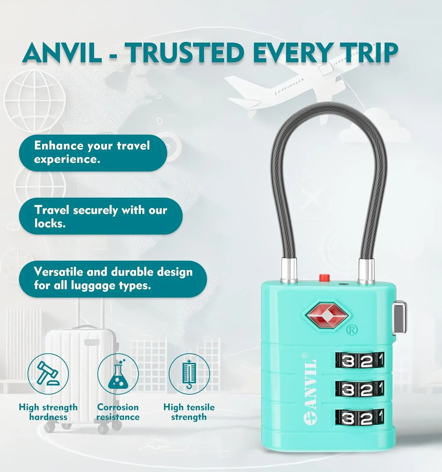 ANVIL TSA Luggage Locks With Advanced TSA008 Core and Alert Indicator - Suitcase, Backpack, Gym, Travel Lock for Daily Use (2, Cyan)