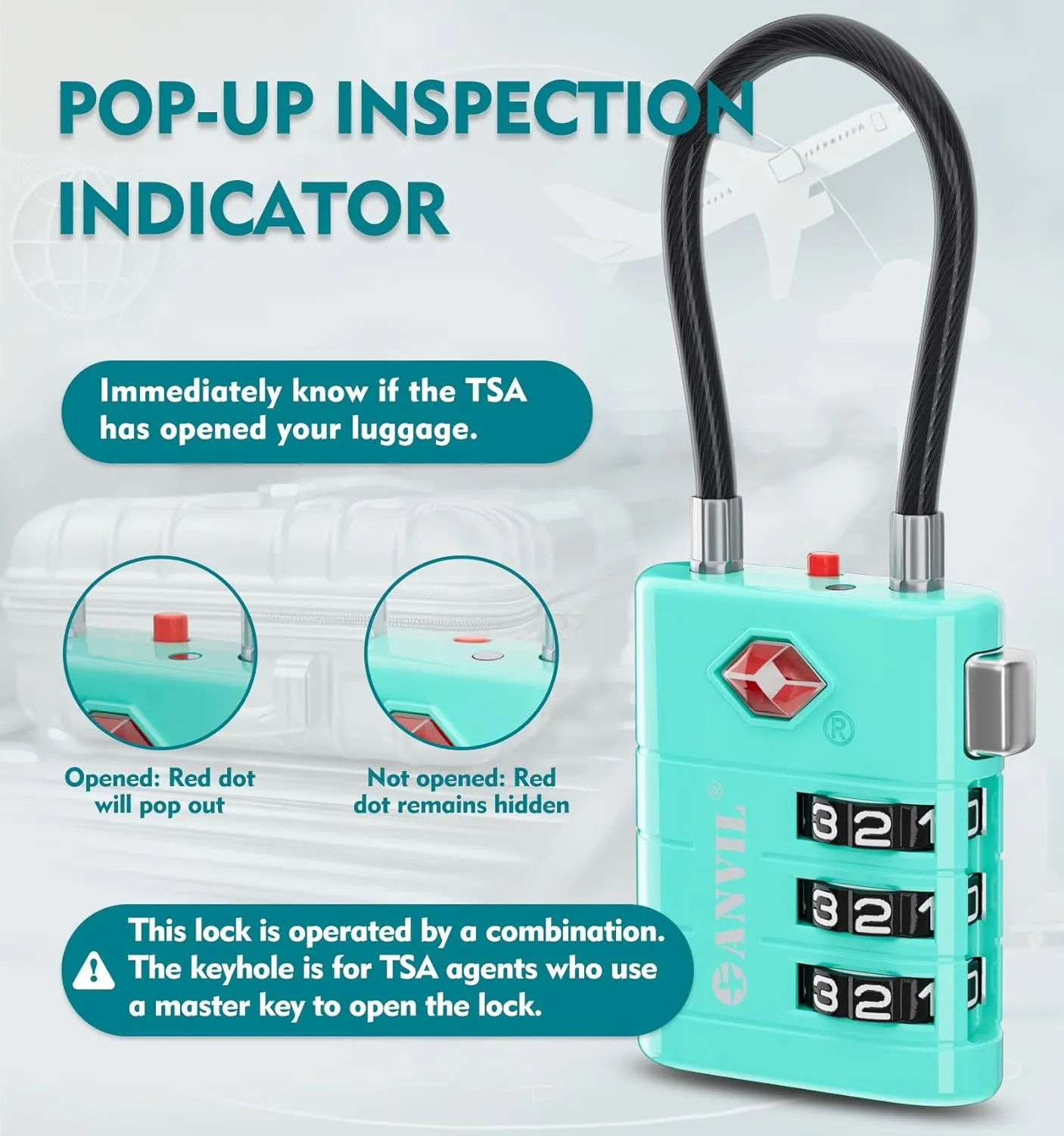 ANVIL TSA Luggage Locks With Advanced TSA008 Core and Alert Indicator - Suitcase, Backpack, Gym, Travel Lock for Daily Use (2, Cyan)