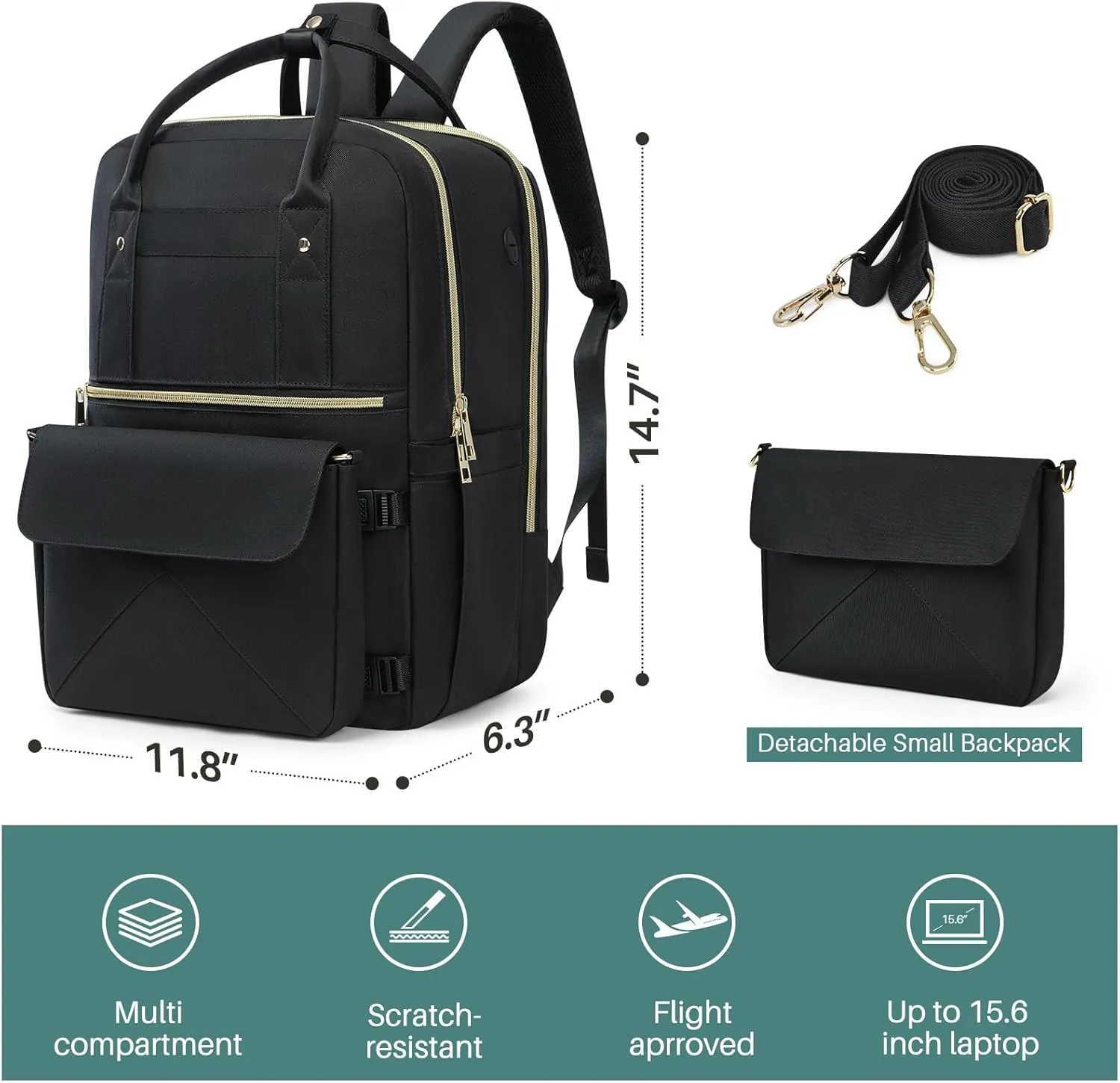 Backpack for Women, 15.6 Inch Laptop Travel Backpack Bag with USB Port, Work Business Nurse Teacher Bag College Bookbag for School, Casual Daypack for Travel, Black