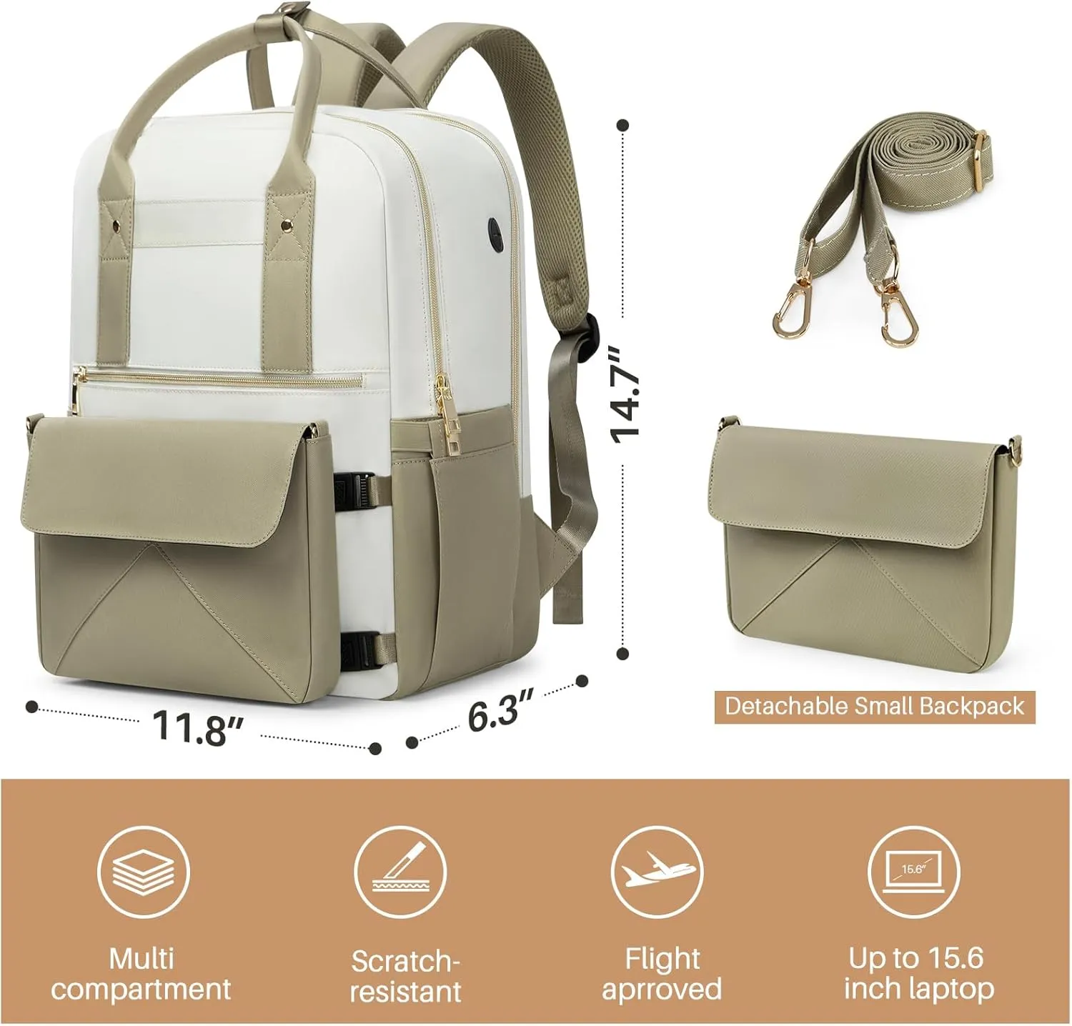Backpack for Women, 15.6 Inch Laptop Travel Backpacks Bag with USB Port, Work Business Nurse Teacher Bags College Bookbag for School, Casual Daypack for Travel, Khaki White