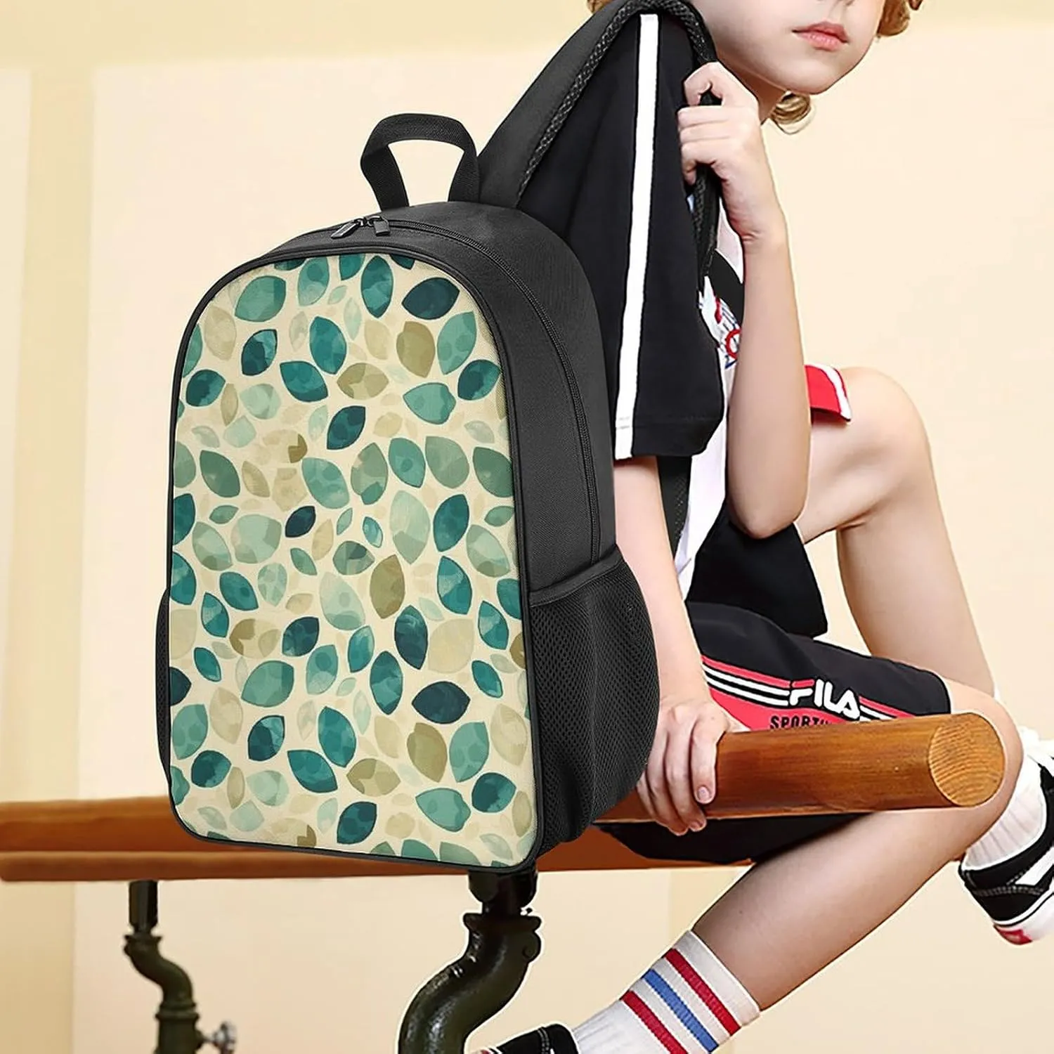 Backpack for Women Men Travel Beige And Emerald Daypack Lightweight Laptop Bag Carry On Backpacks for Work