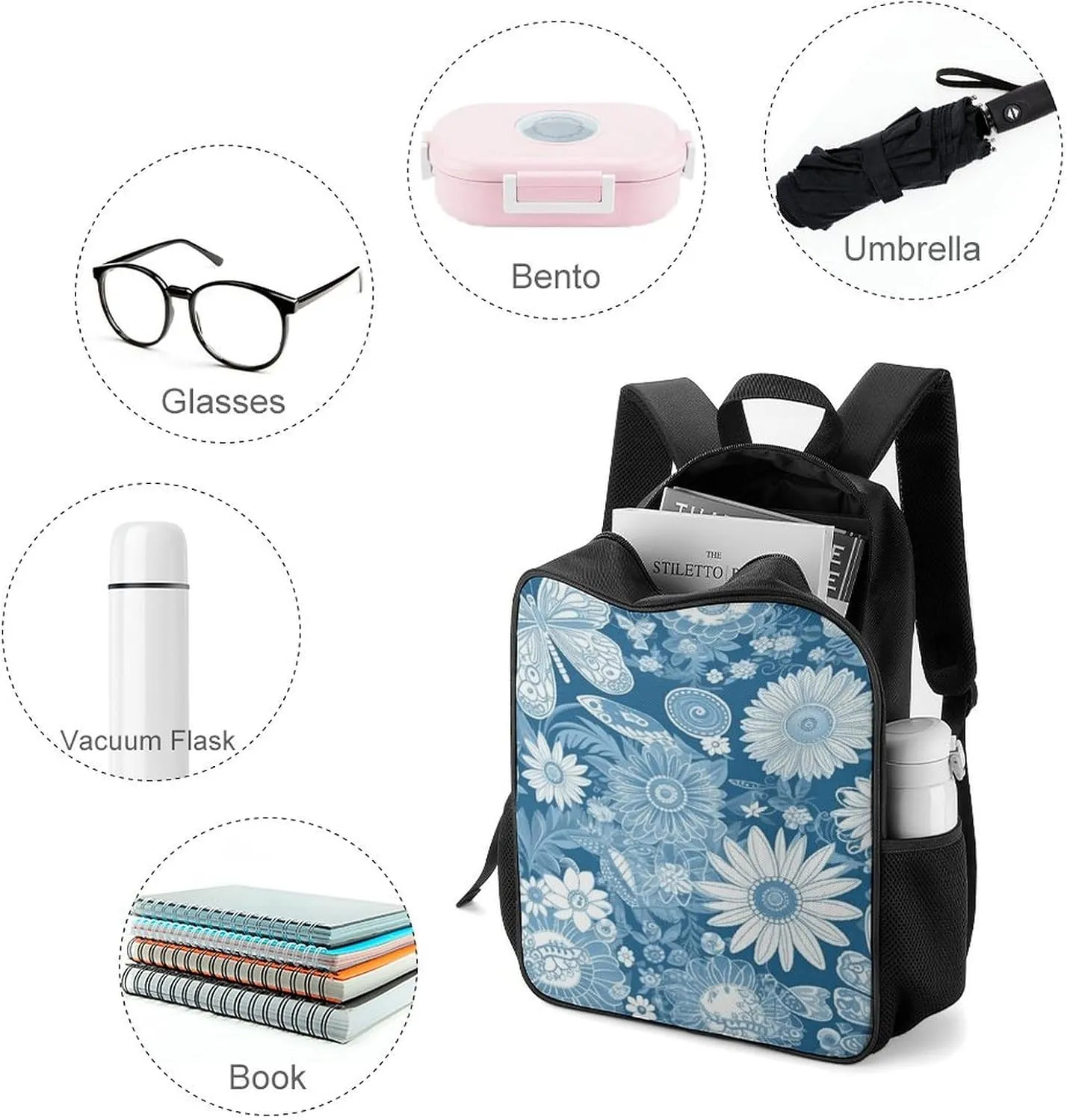 Backpack for Women Men Travel Blue Flower Pattern Daypack Lightweight Laptop Bag Carry On Backpacks for Work