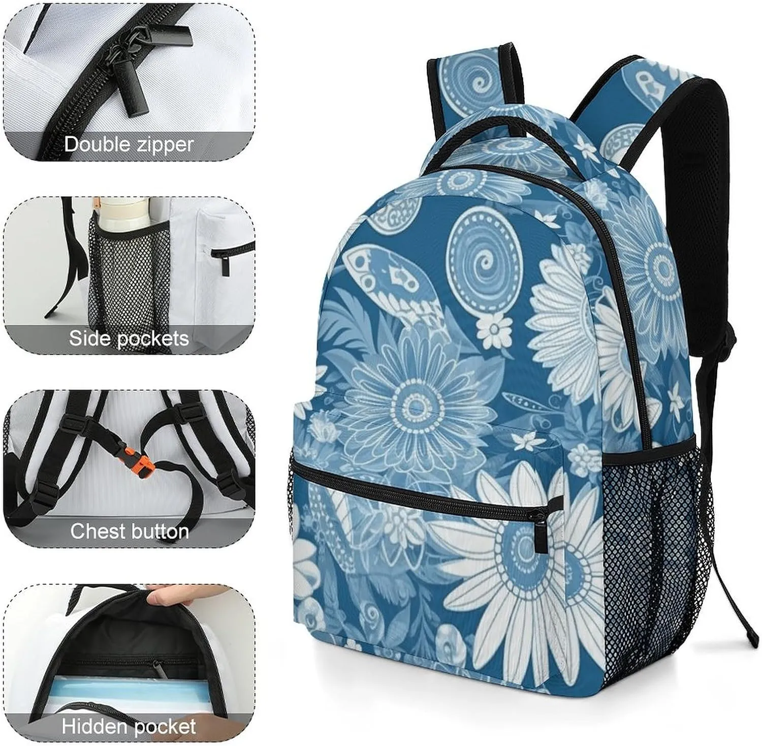 Backpack for Women Men Travel Blue Flower Pattern Daypack Lightweight Laptop Bag Carry On Backpacks for Work