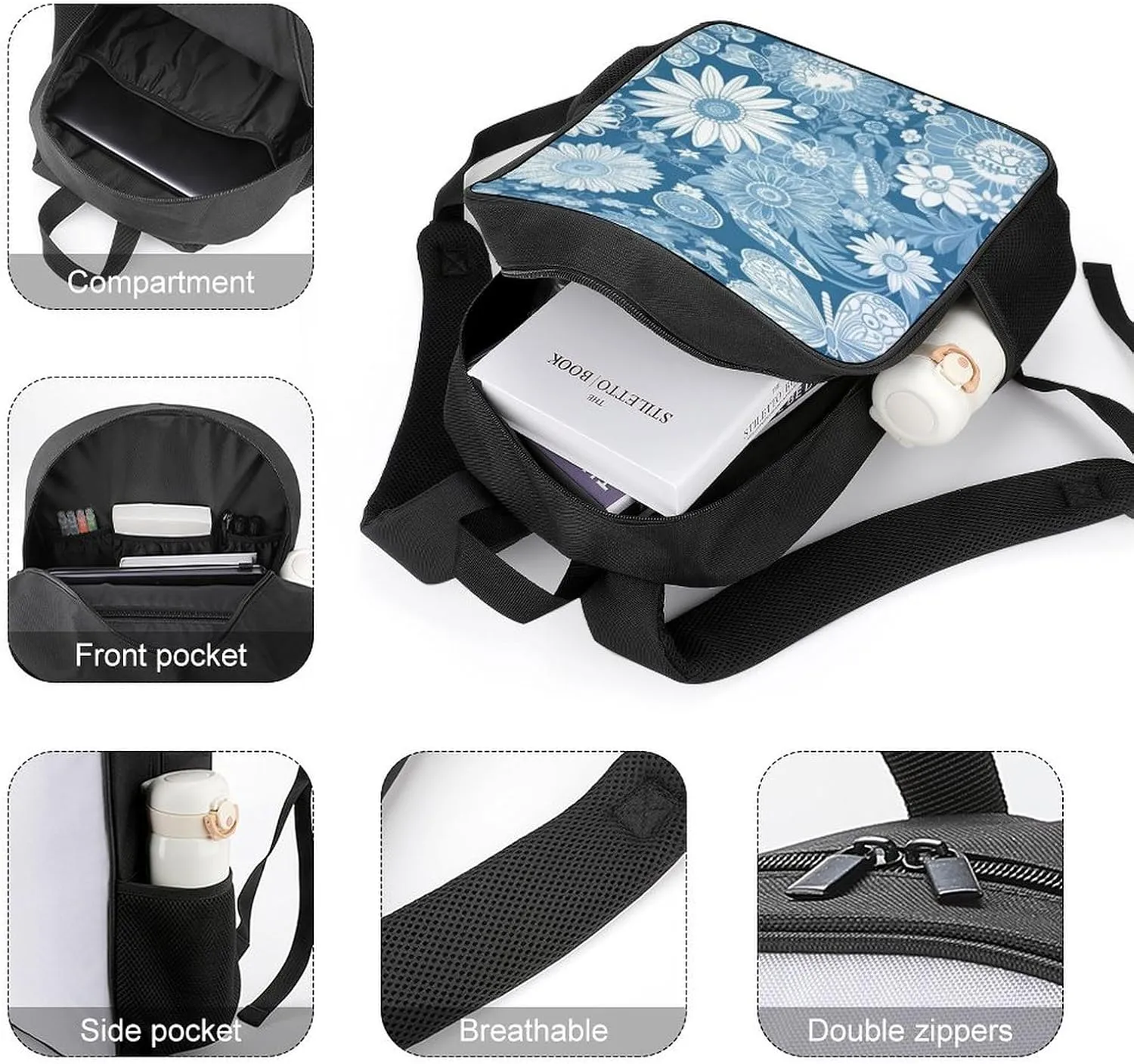 Backpack for Women Men Travel Blue Flower Pattern Daypack Lightweight Laptop Bag Carry On Backpacks for Work