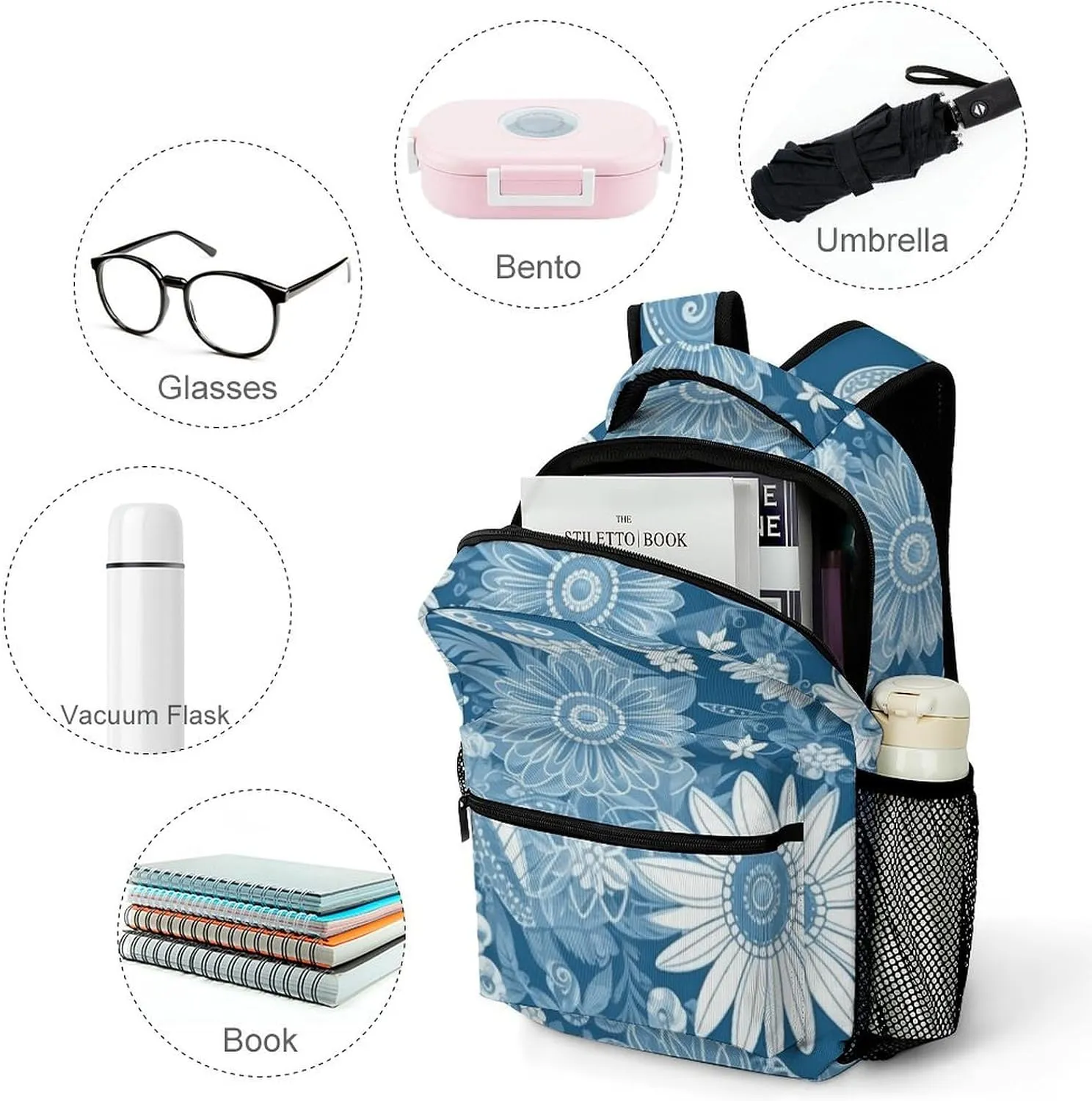 Backpack for Women Men Travel Blue Flower Pattern Daypack Lightweight Laptop Bag Carry On Backpacks for Work