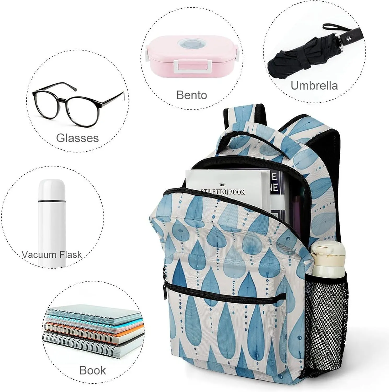 Backpack for Women Men Travel Blue Raindrops Daypack Lightweight Laptop Bag Carry On Backpacks for Work