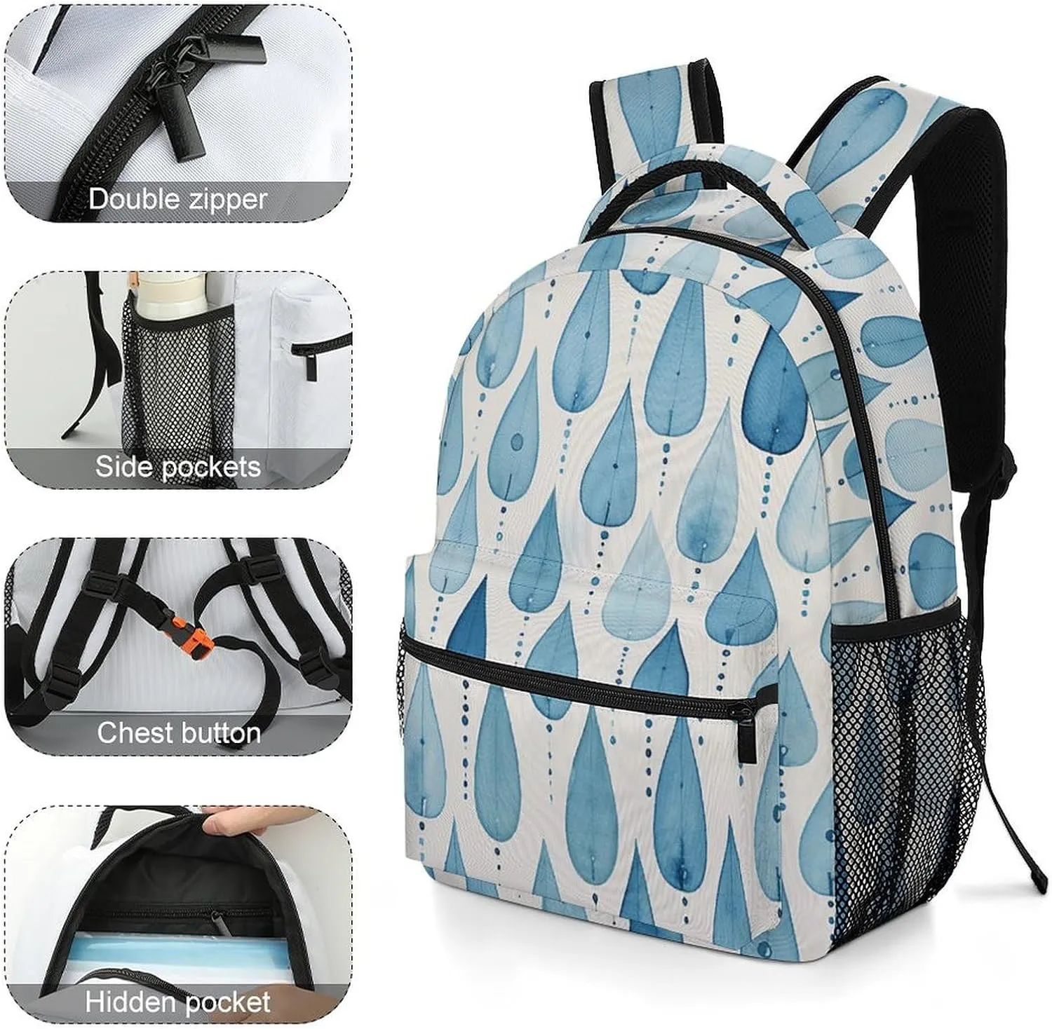 Backpack for Women Men Travel Blue Raindrops Daypack Lightweight Laptop Bag Carry On Backpacks for Work