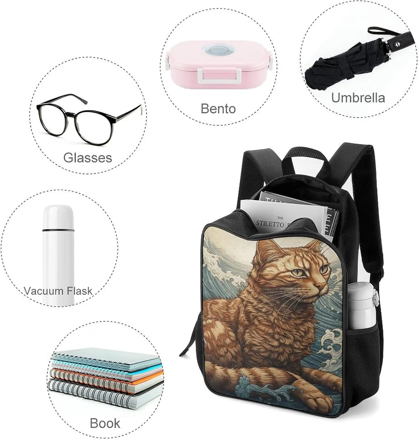 Backpack for Women Men Travel Cat in The Waves Daypack Lightweight Laptop Bag Carry On Backpacks for Work