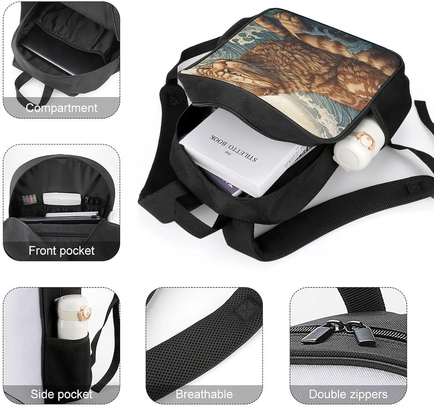 Backpack for Women Men Travel Cat in The Waves Daypack Lightweight Laptop Bag Carry On Backpacks for Work