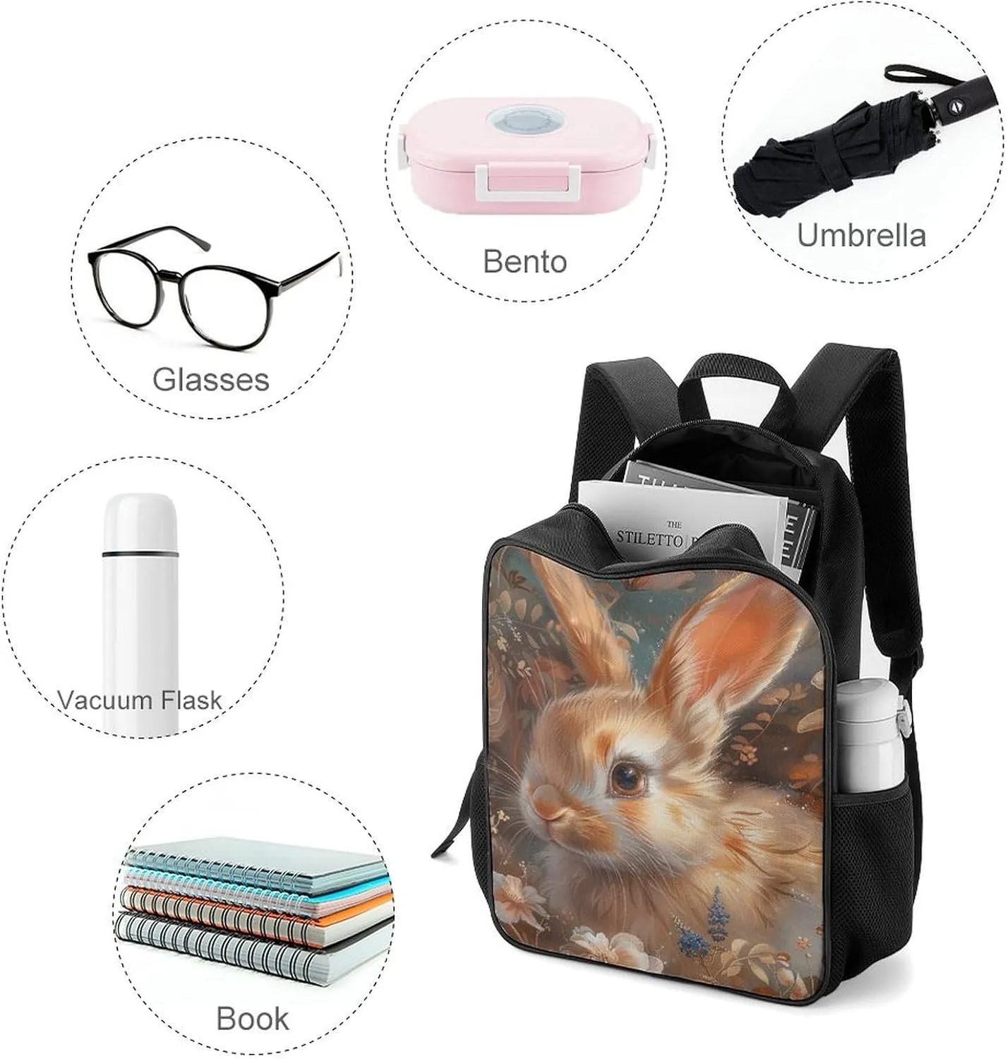 Backpack for Women Men Travel Floral Art Bunny Daypack Lightweight Laptop Bag Carry On Backpacks for Work