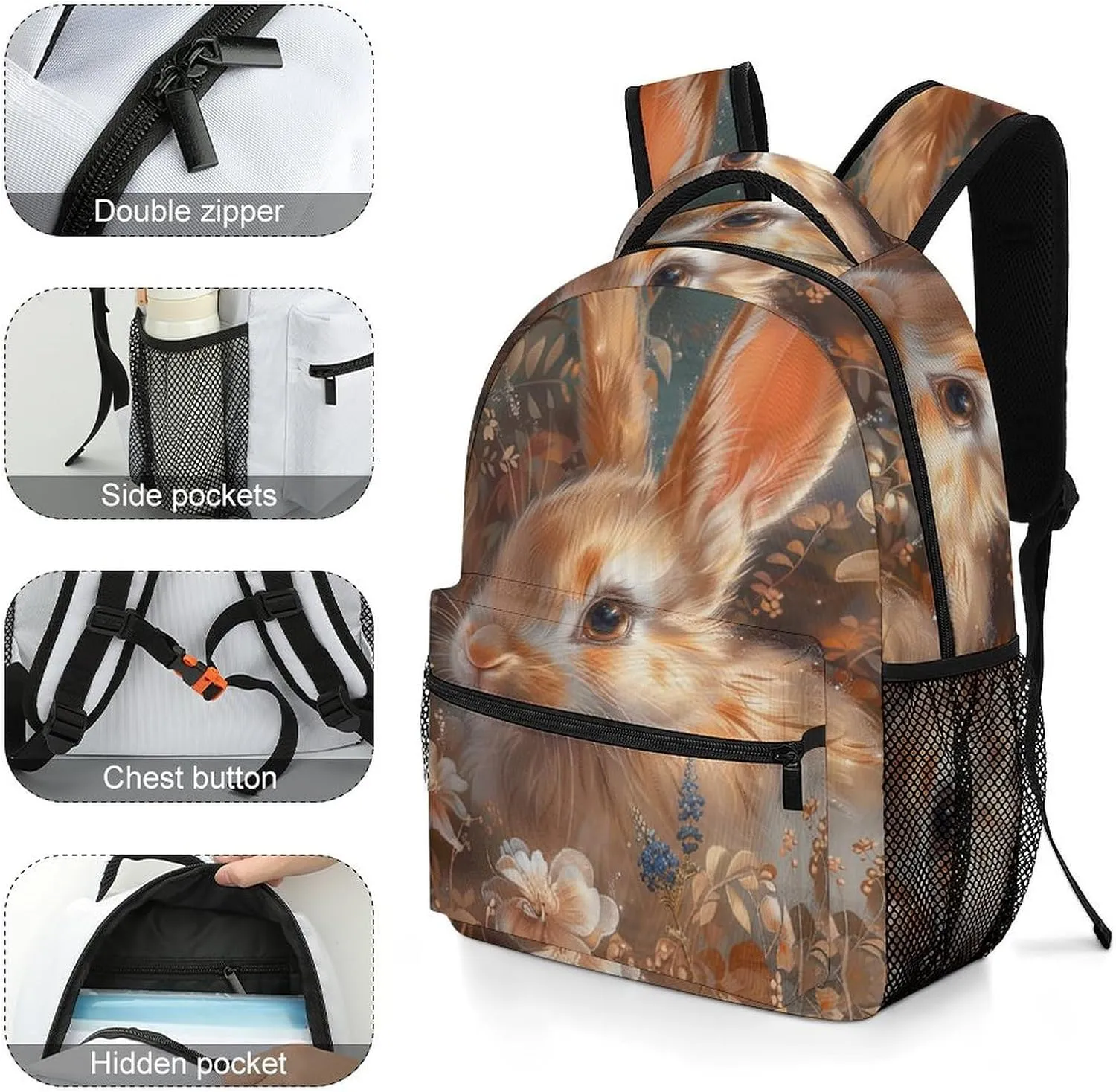 Backpack for Women Men Travel Floral Art Bunny Daypack Lightweight Laptop Bag Carry On Backpacks for Work