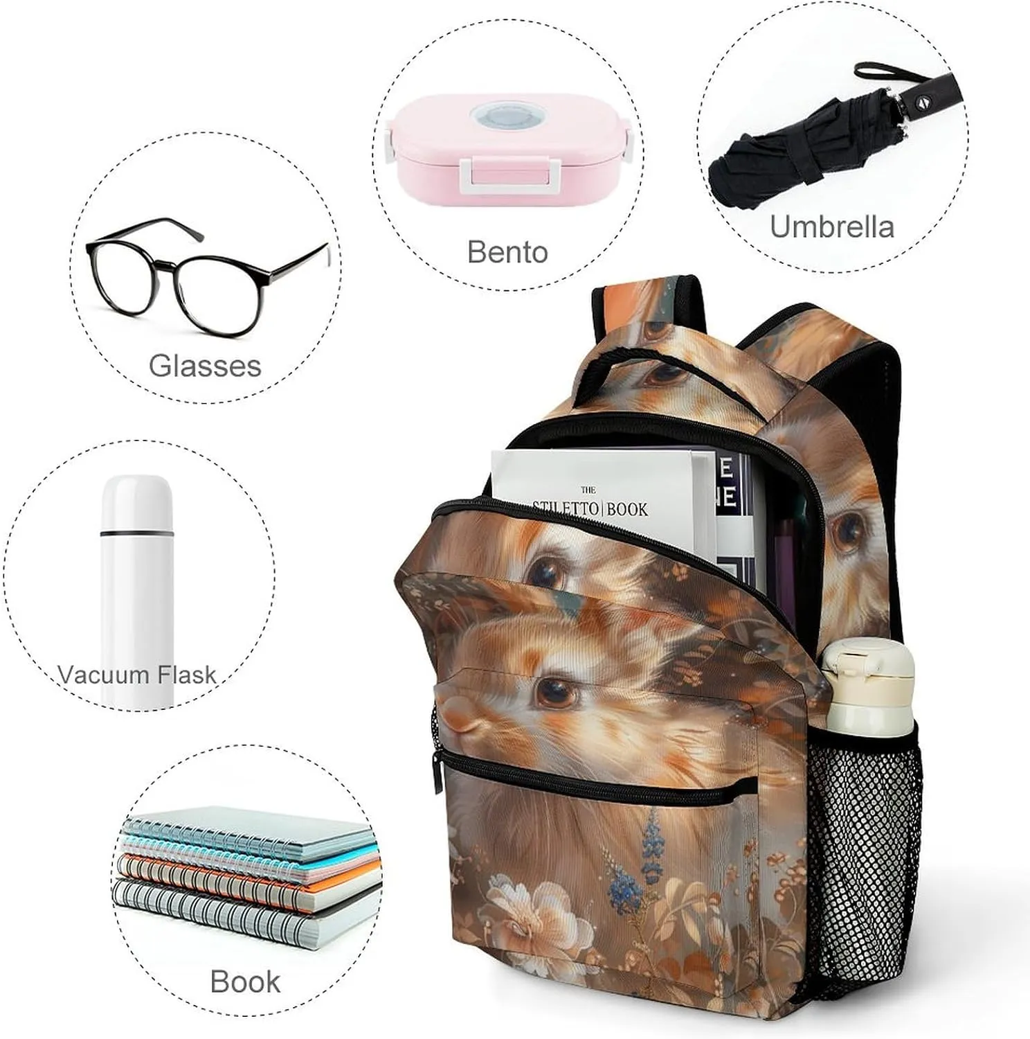Backpack for Women Men Travel Floral Art Bunny Daypack Lightweight Laptop Bag Carry On Backpacks for Work