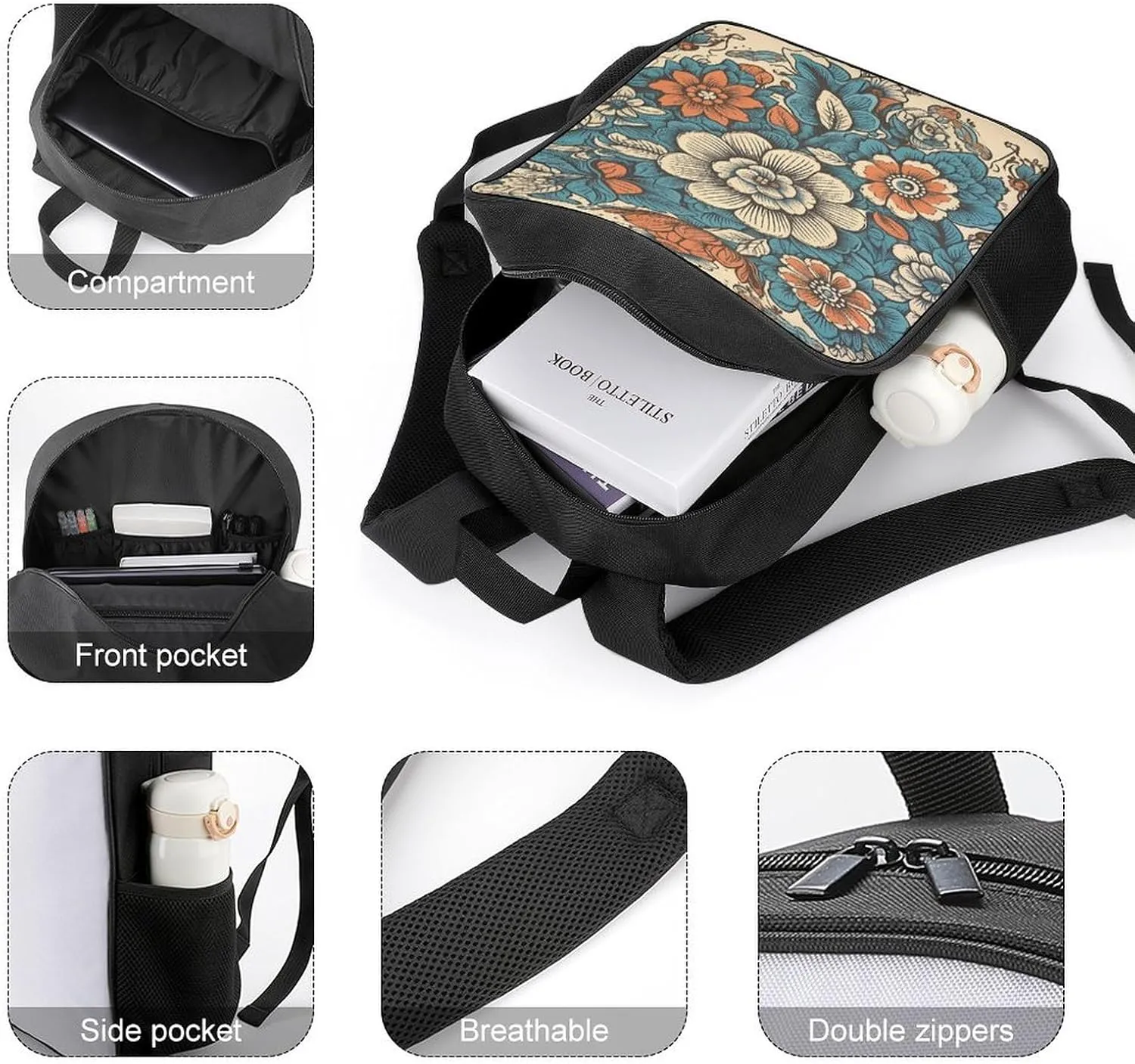 Backpack for Women Men Travel Floral Art Pattern Daypack Lightweight Laptop Bag Carry On Backpacks for Work
