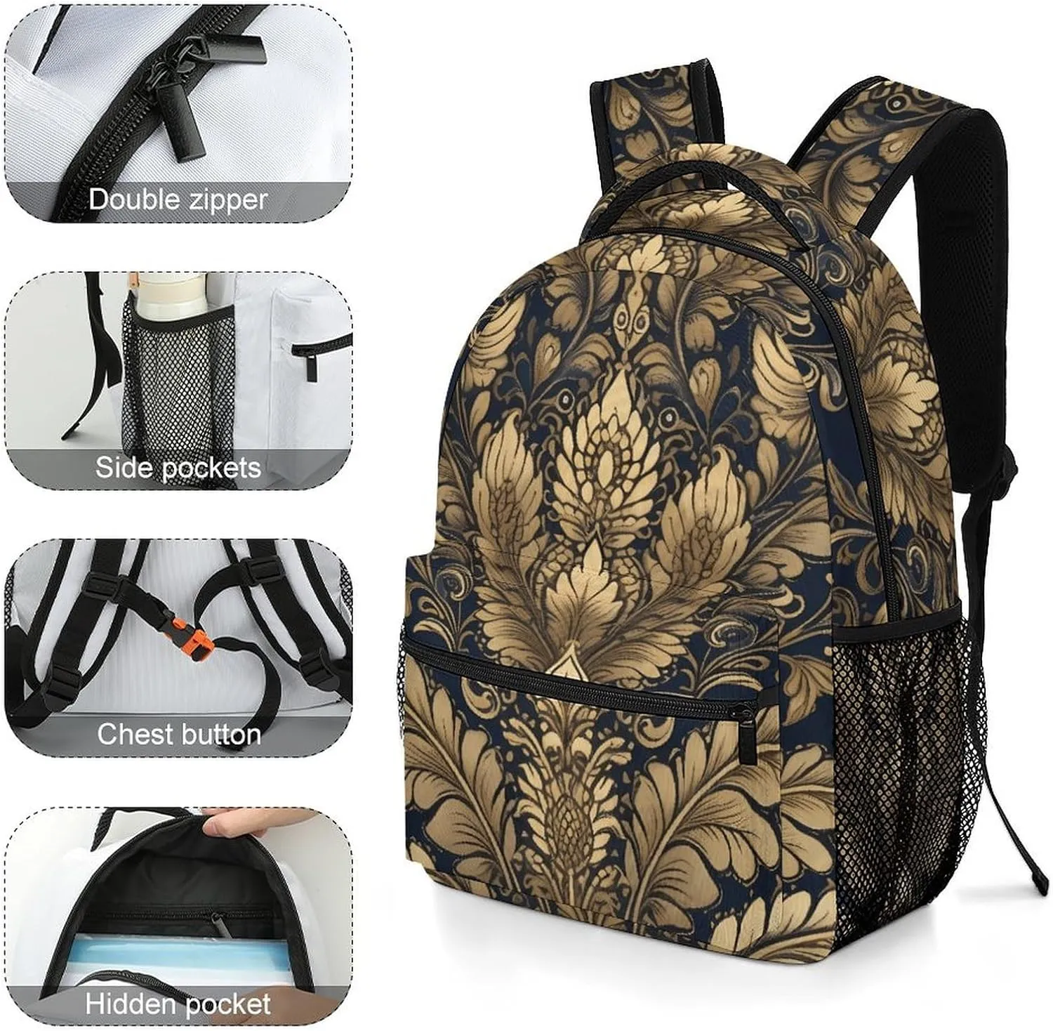 Backpack for Women Men Travel Golden Vine Pattern Daypack Lightweight Laptop Bag Carry On Backpacks for Work