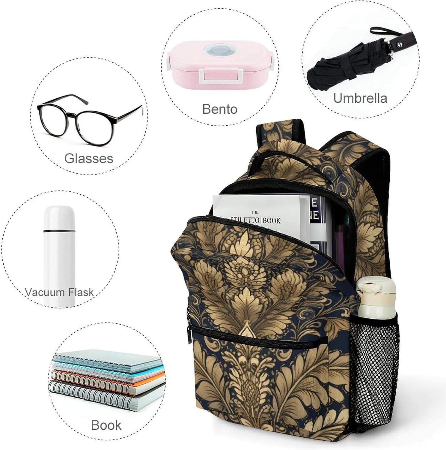 Backpack for Women Men Travel Golden Vine Pattern Daypack Lightweight Laptop Bag Carry On Backpacks for Work