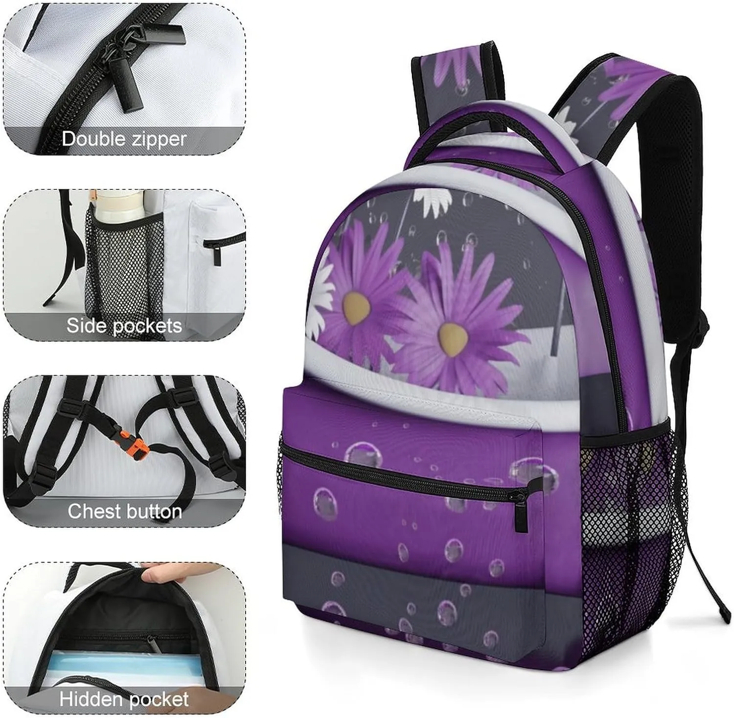 Backpack for Women Men Travel Purple Bathtub And Daisy Daypack Lightweight Laptop Bag Carry On Backpacks for Work